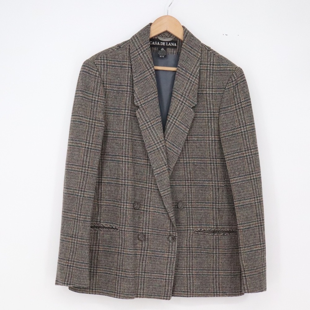 Casa De Lana Wool Blazer Womens 15/16 Vintage Double Breasted Plaid Brown Good